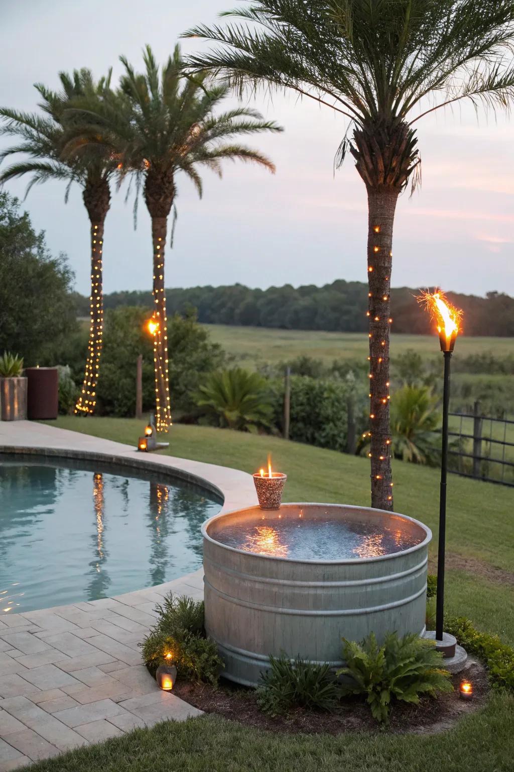 A tropical-themed stock tank pool with palms and tiki torches.