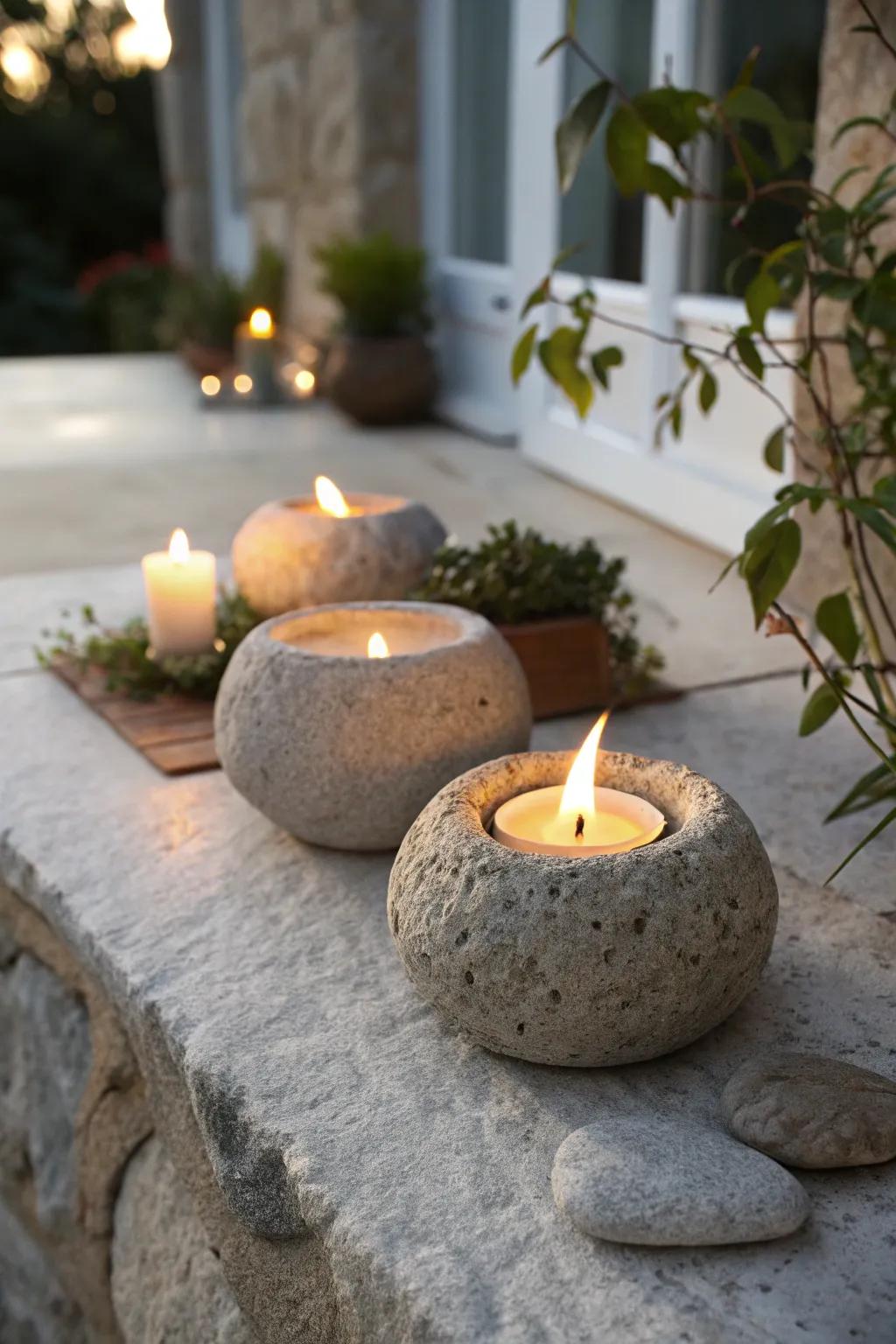 Earthy stone candle holders casting a warm evening glow.