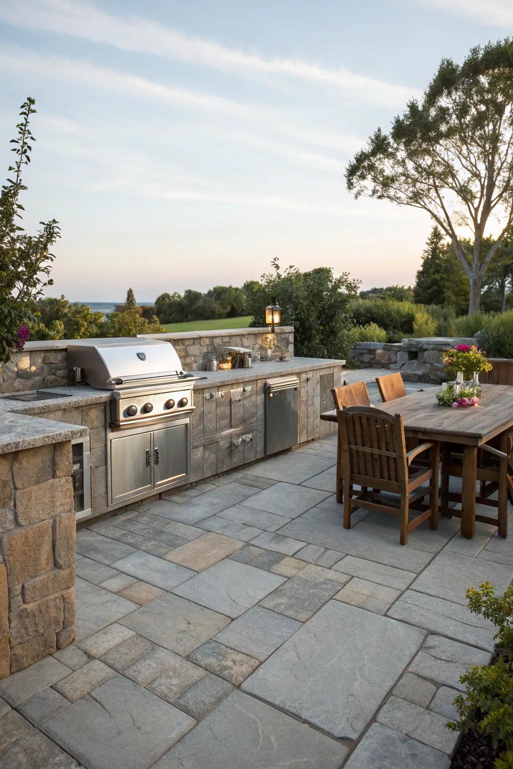 A stone patio featuring a convenient outdoor kitchen.