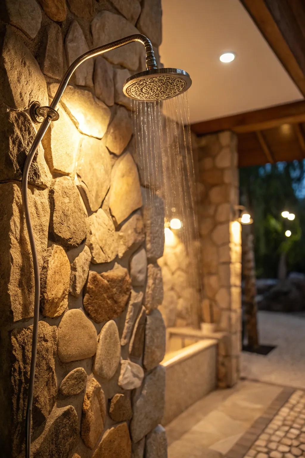 Warm tones and lighting enhance the natural texture of stone.