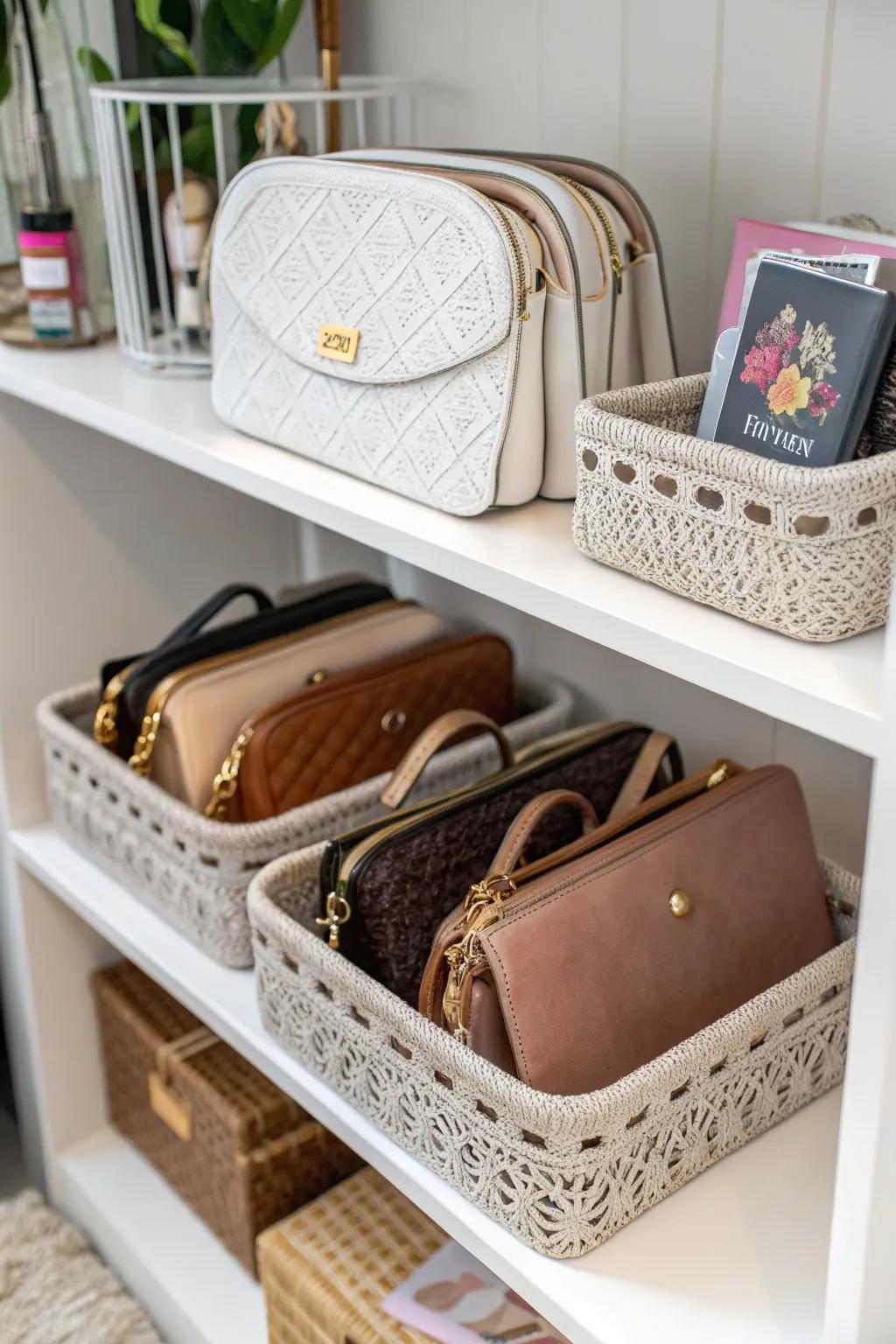 Purses stored in decorative baskets on a shelf.