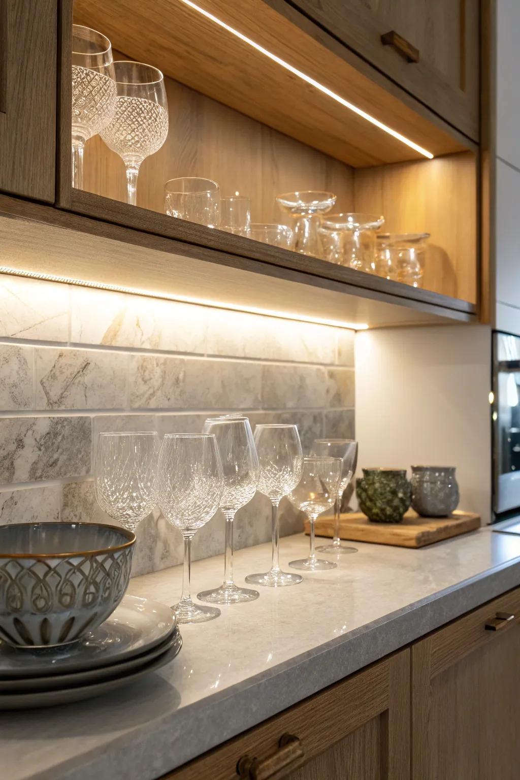 Under-cabinet lighting enhances visibility and highlights glassware.