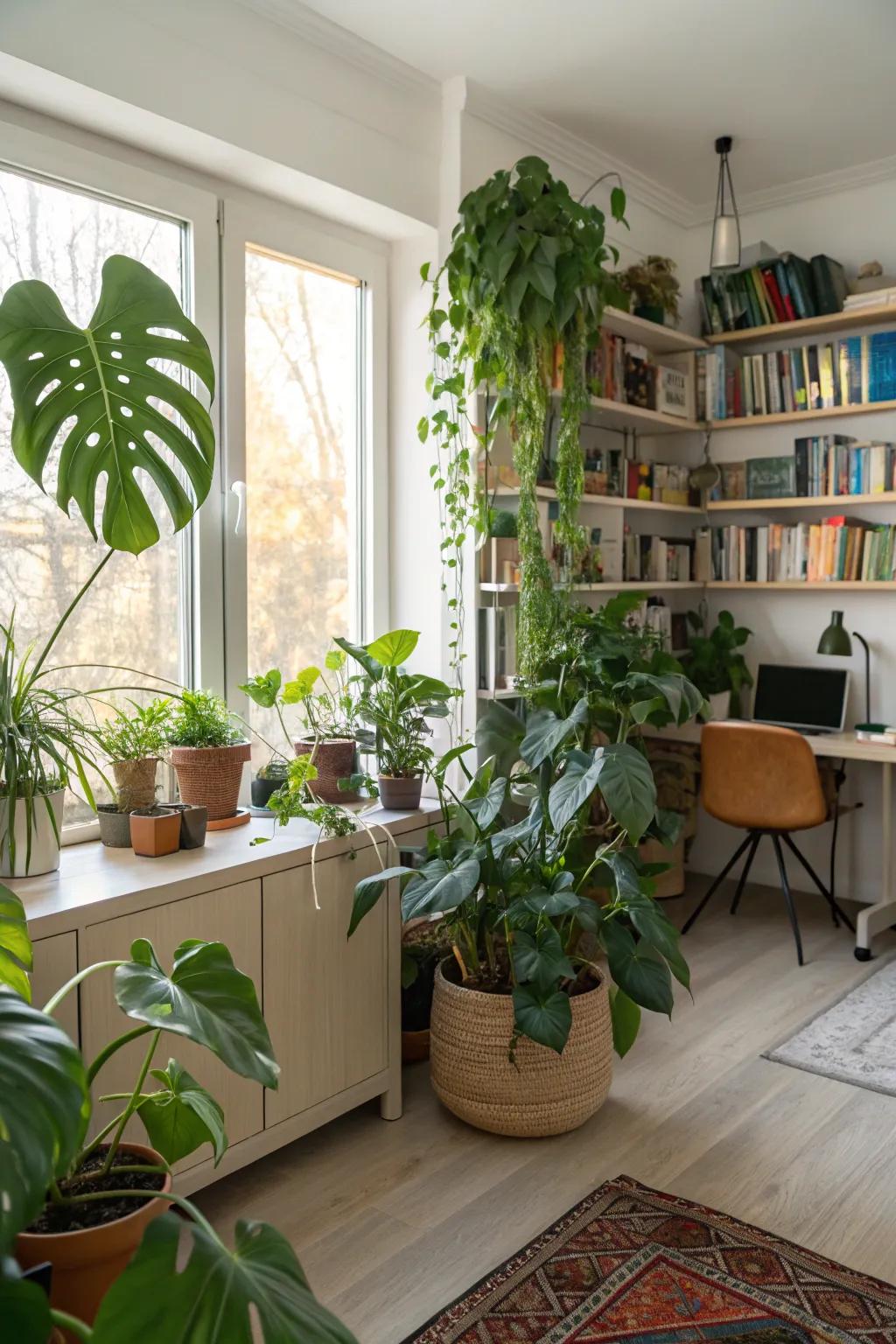 Indoor plants add life and tranquility to the study room.