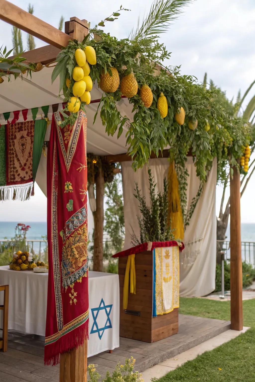 A culturally rich sukkah featuring traditional symbols like etrog and lulav.