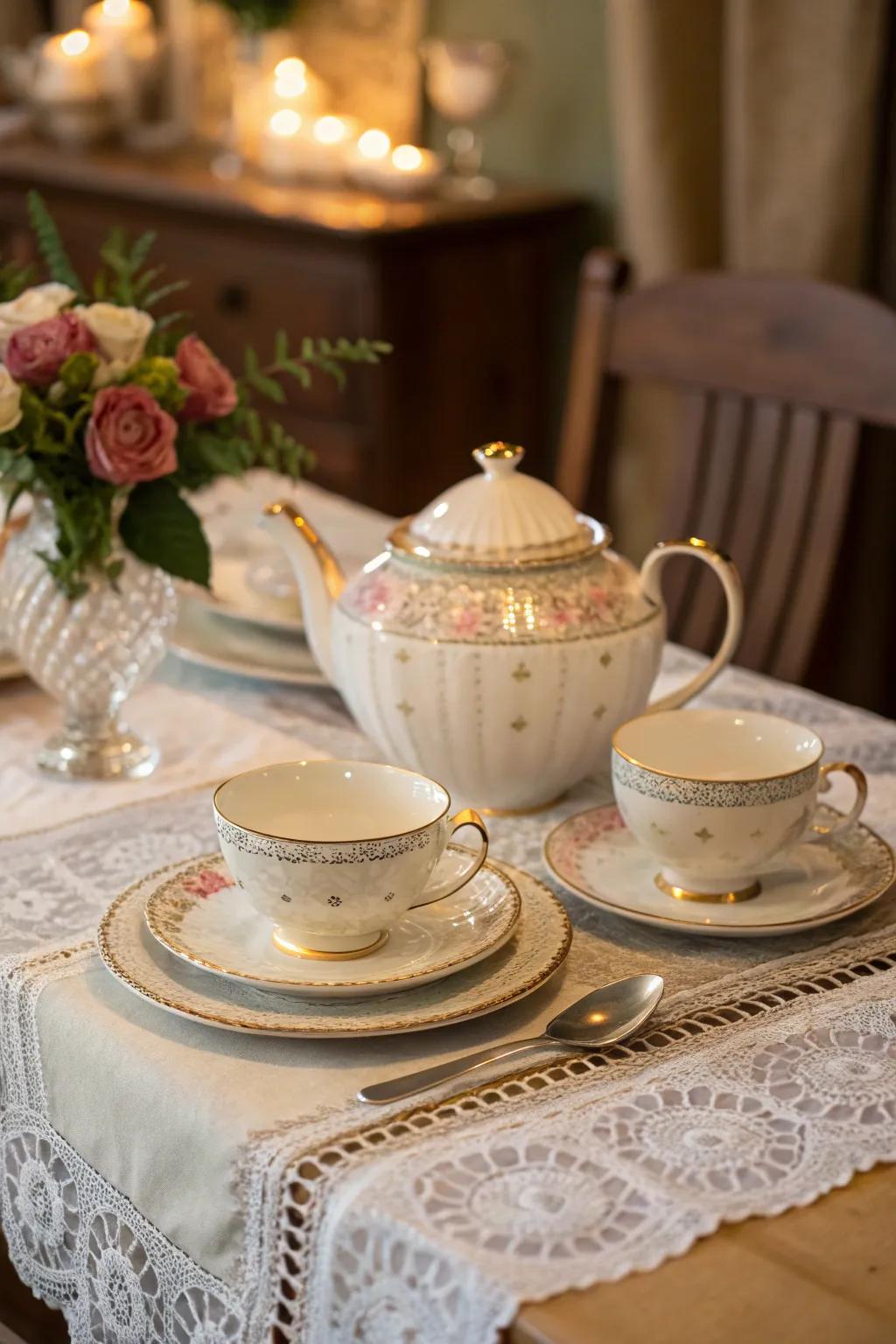 Elegant teapots and cups are essential for a tea party.