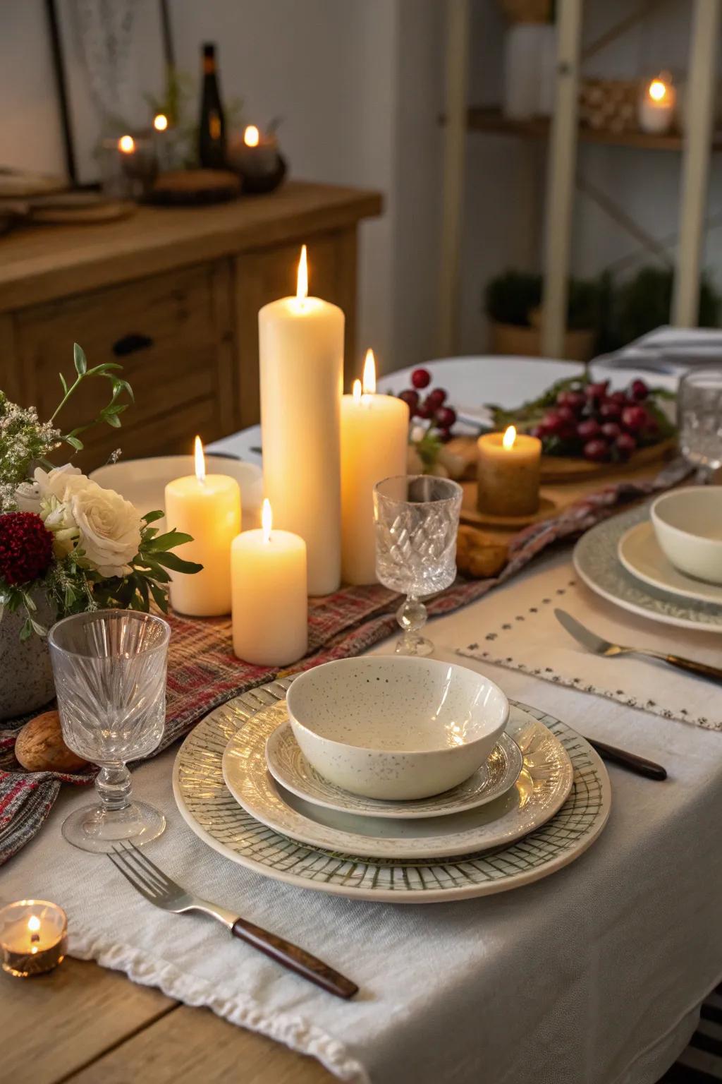 Candles add warmth and a magical glow to the table setting.