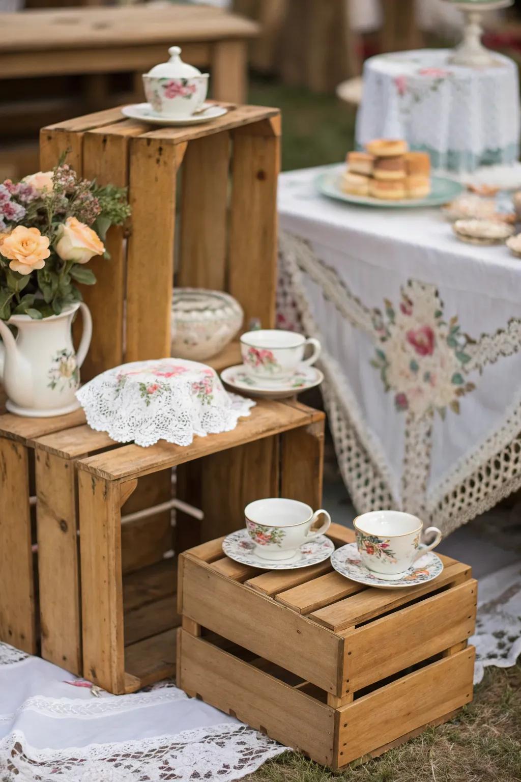 Rustic wooden crates add texture and charm to the tea party setup.