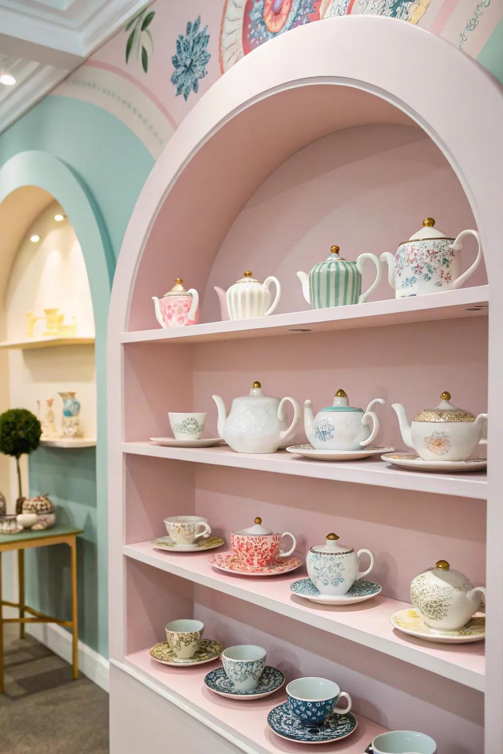 A tea set used as decorative art on open shelves.