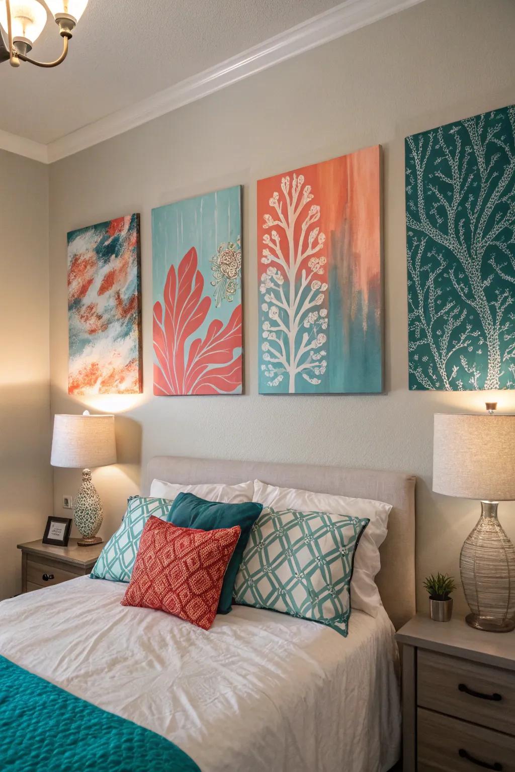 Teal and coral art pieces creating visual harmony.