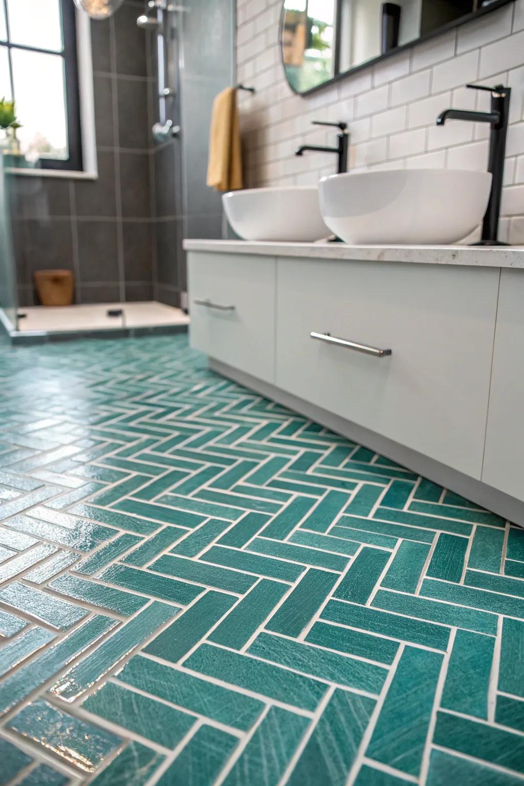 Teal tile flooring can be a bold statement piece in your bathroom.