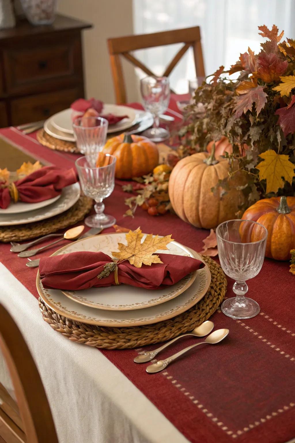 Rich table linens complement your centerpiece beautifully.