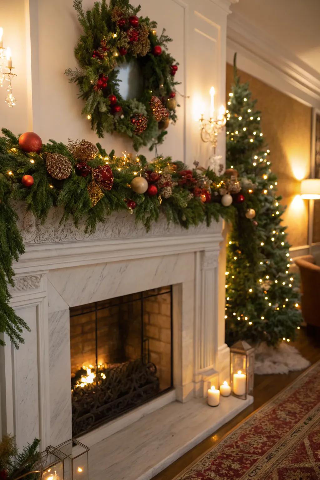 A cozy mantel adorned with garlands and fairy lights.