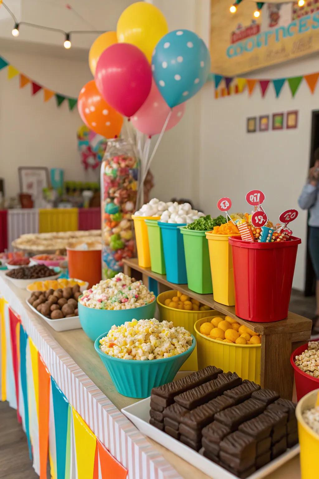 Popcorn and candy stations delight taste buds.