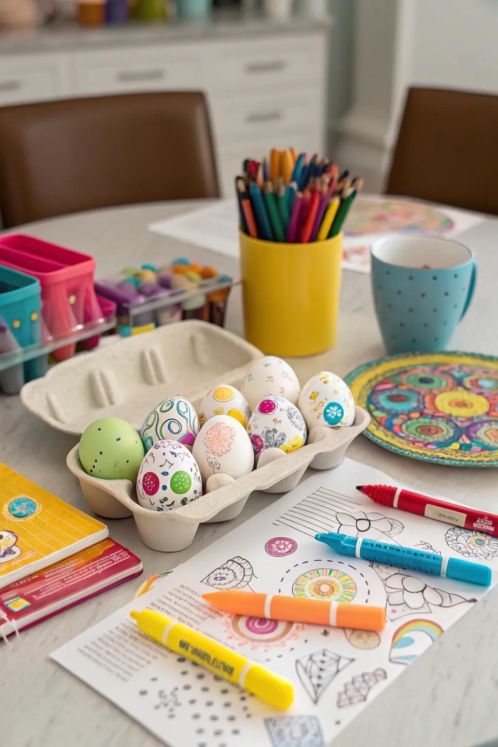 A creative egg decorating station for Easter fun.