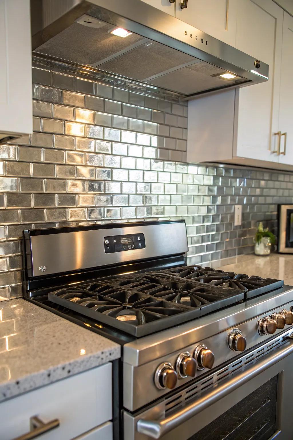 Reflective tiles amplify light, enhancing the kitchen's modernity.