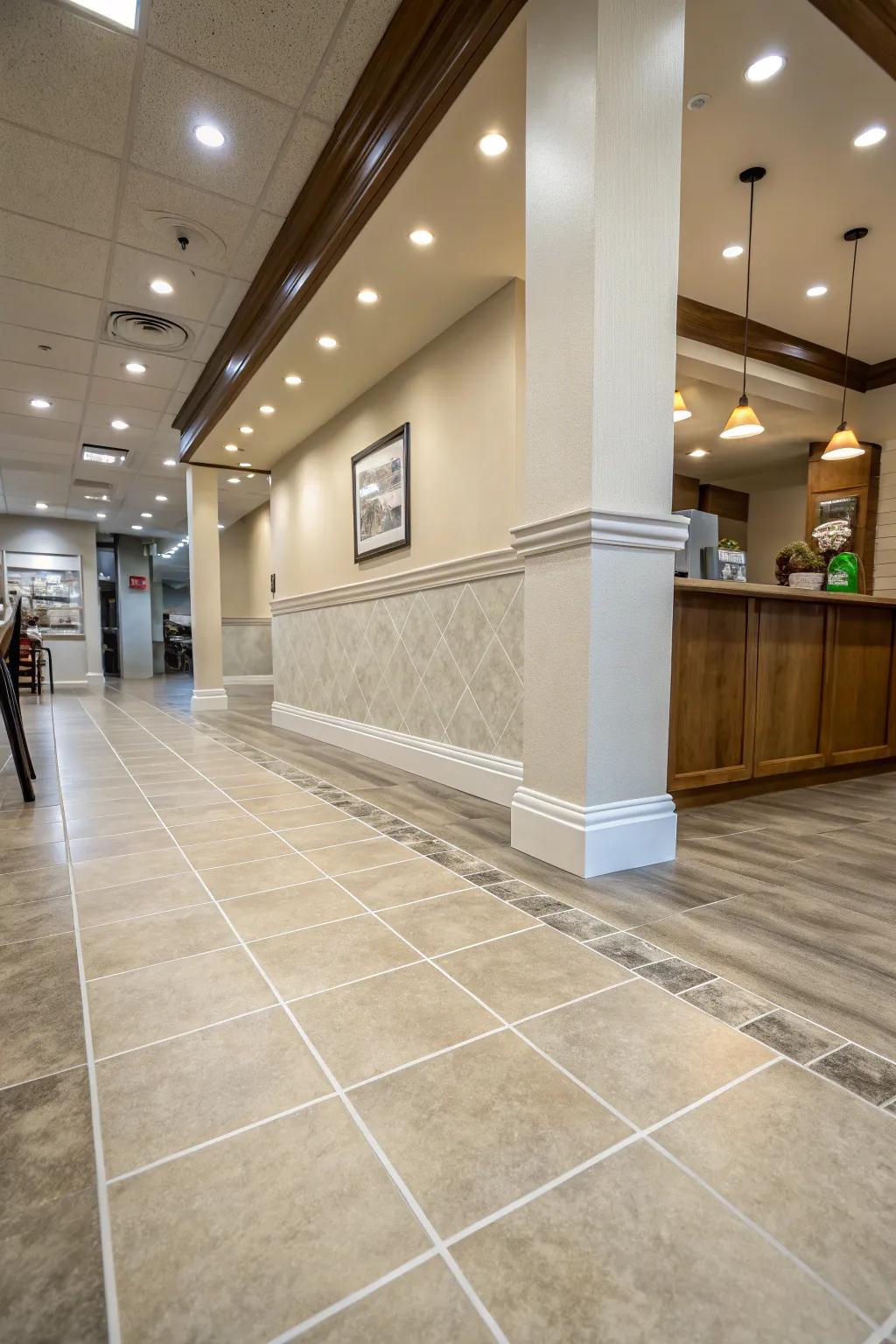 Cove base trim offers a practical solution for high-traffic areas.