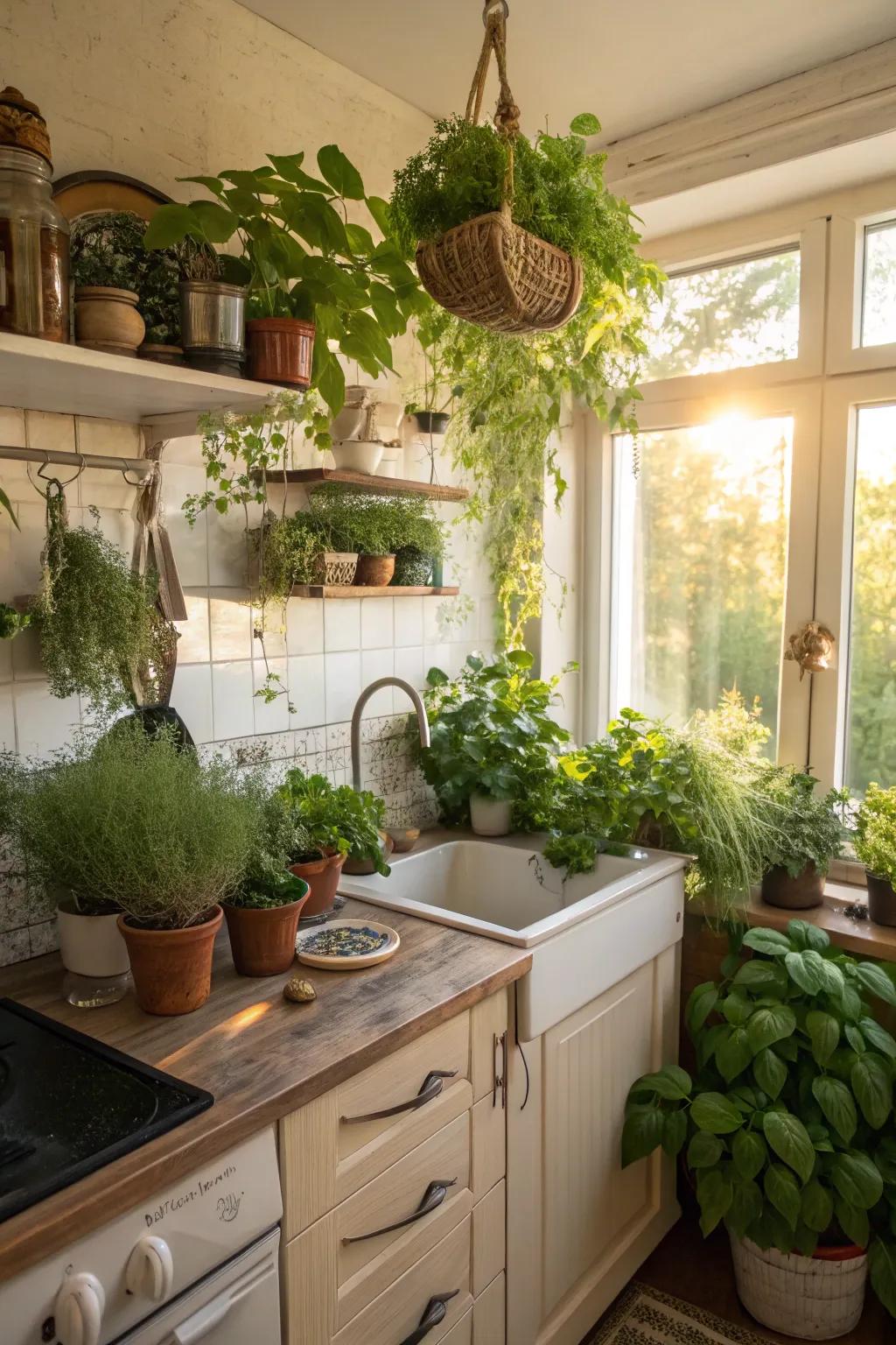 Adding plants brings vibrancy and freshness to a tiny kitchen.