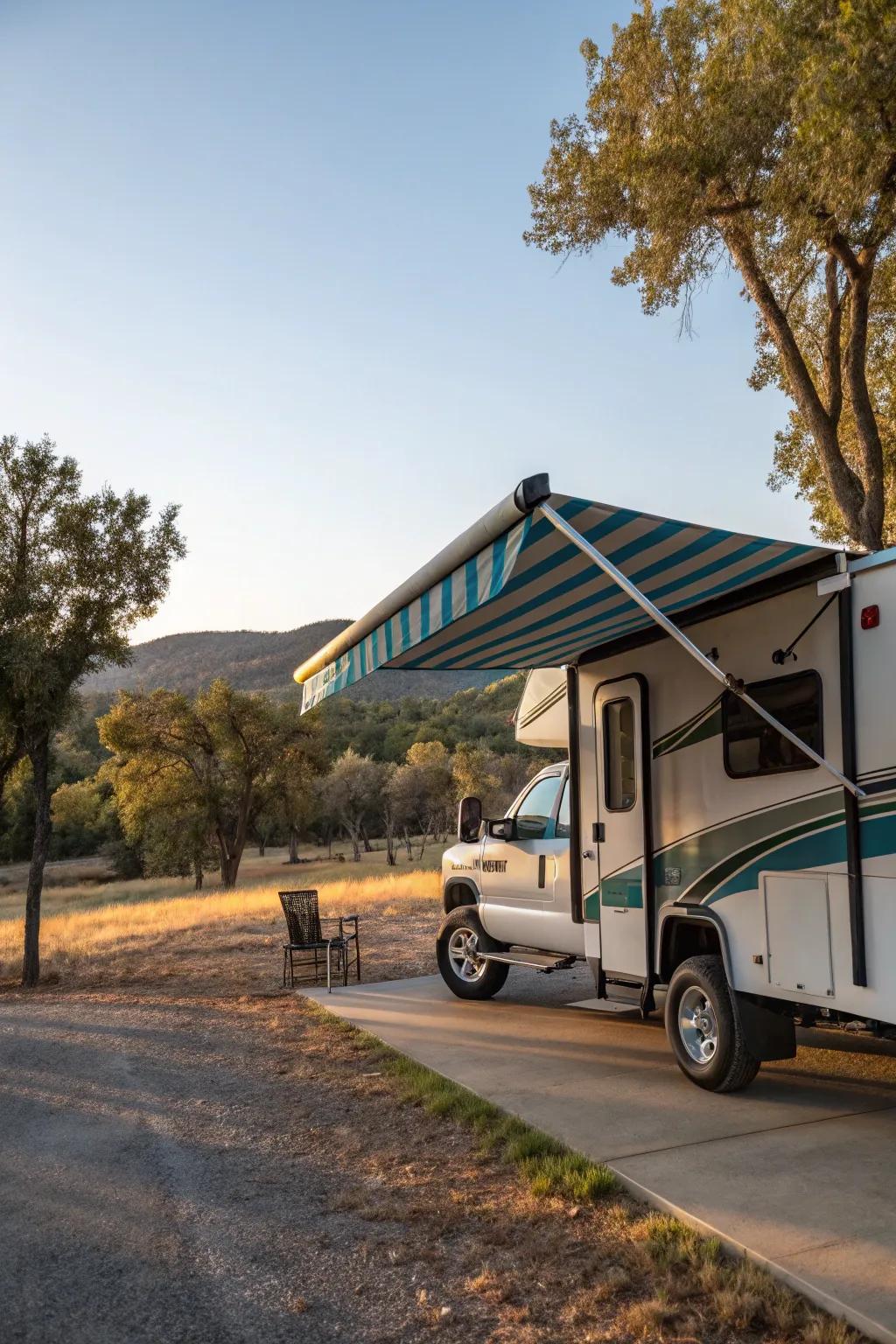 A color-coordinated awning seamlessly blending with the camper.