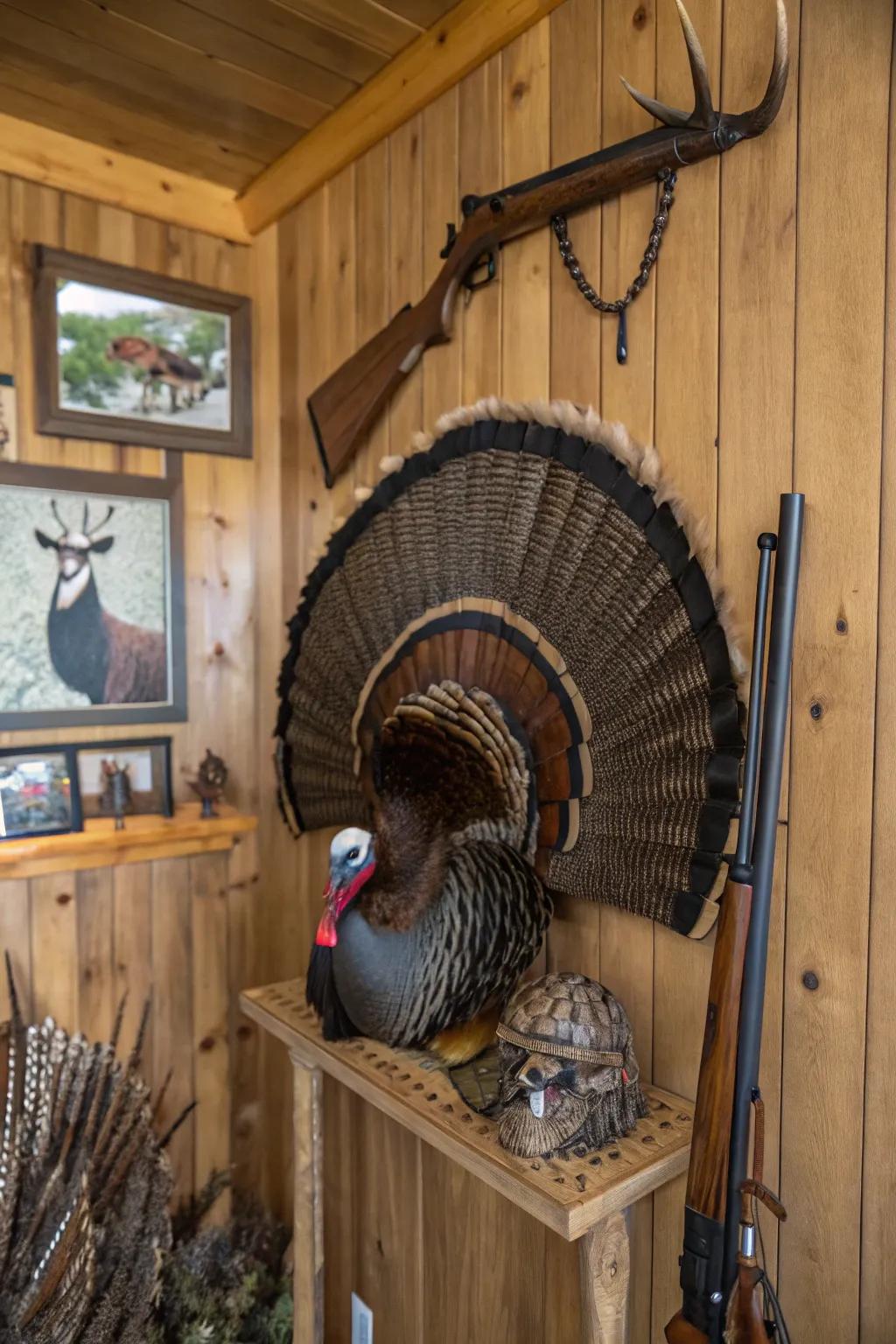 Beards and spurs add extra flair to a turkey fan mount.