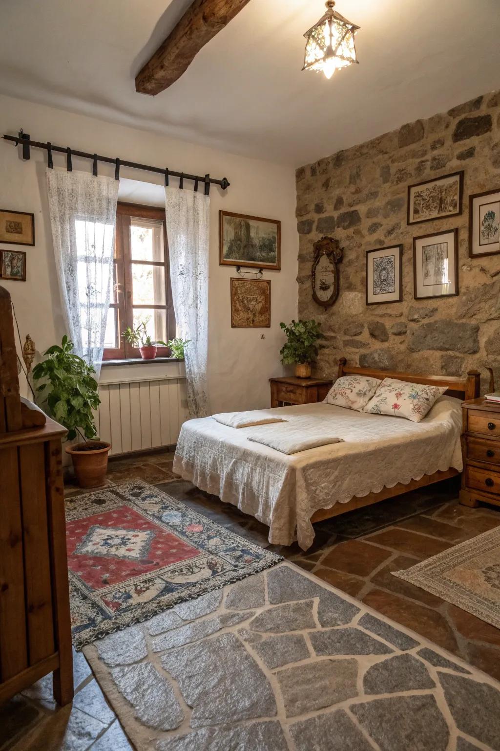 Stone flooring adds a rustic and authentic touch to your bedroom.