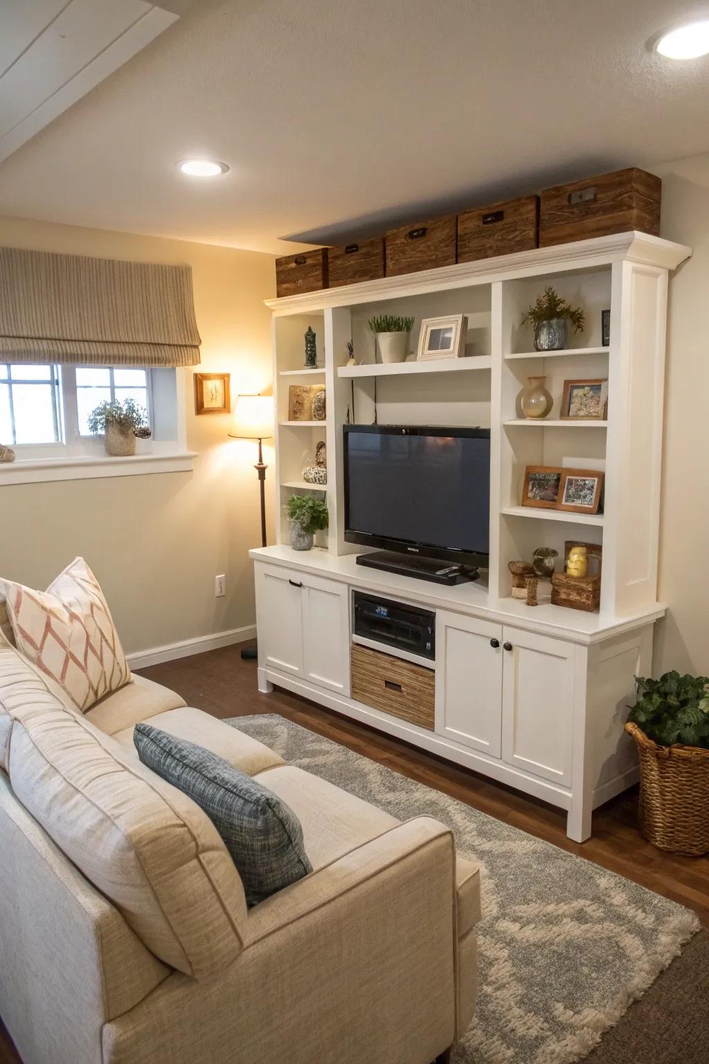 Efficient use of space by embedding the TV into existing furniture.