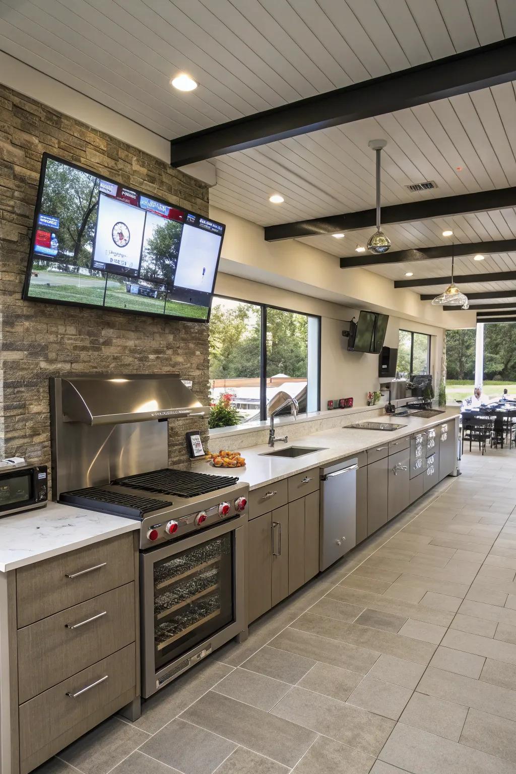 A kitchen designed for optimal TV viewing from multiple angles.