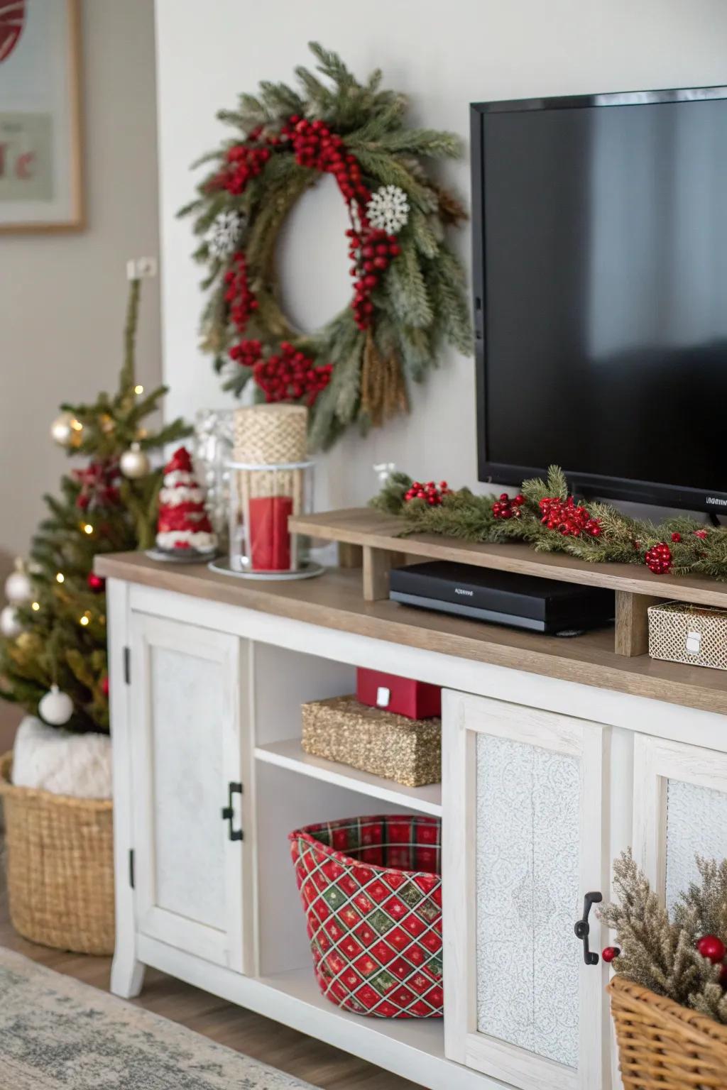 Seasonal decor keeps your TV stand fresh and festive.