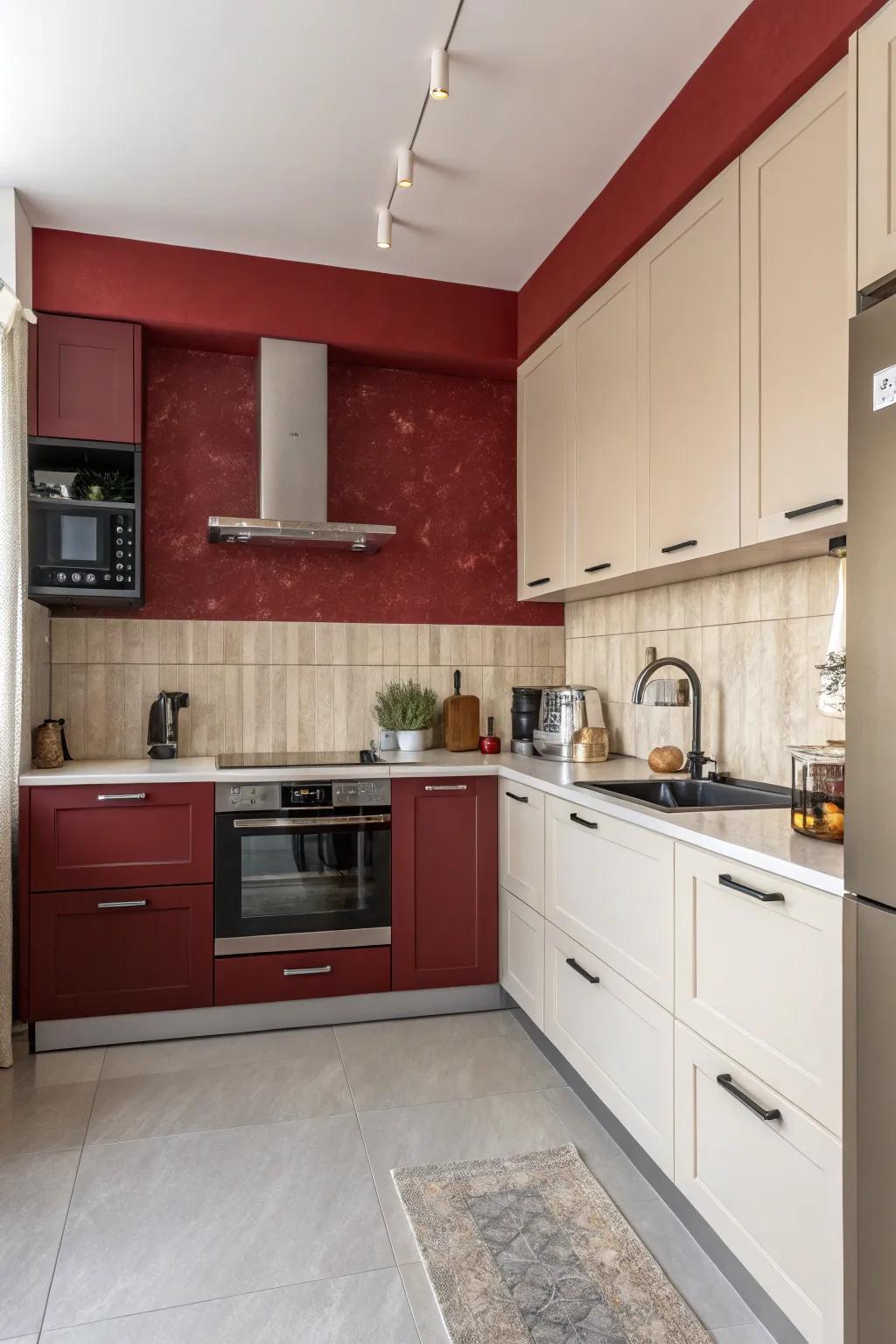 A vibrant red accent wall that energizes the kitchen.