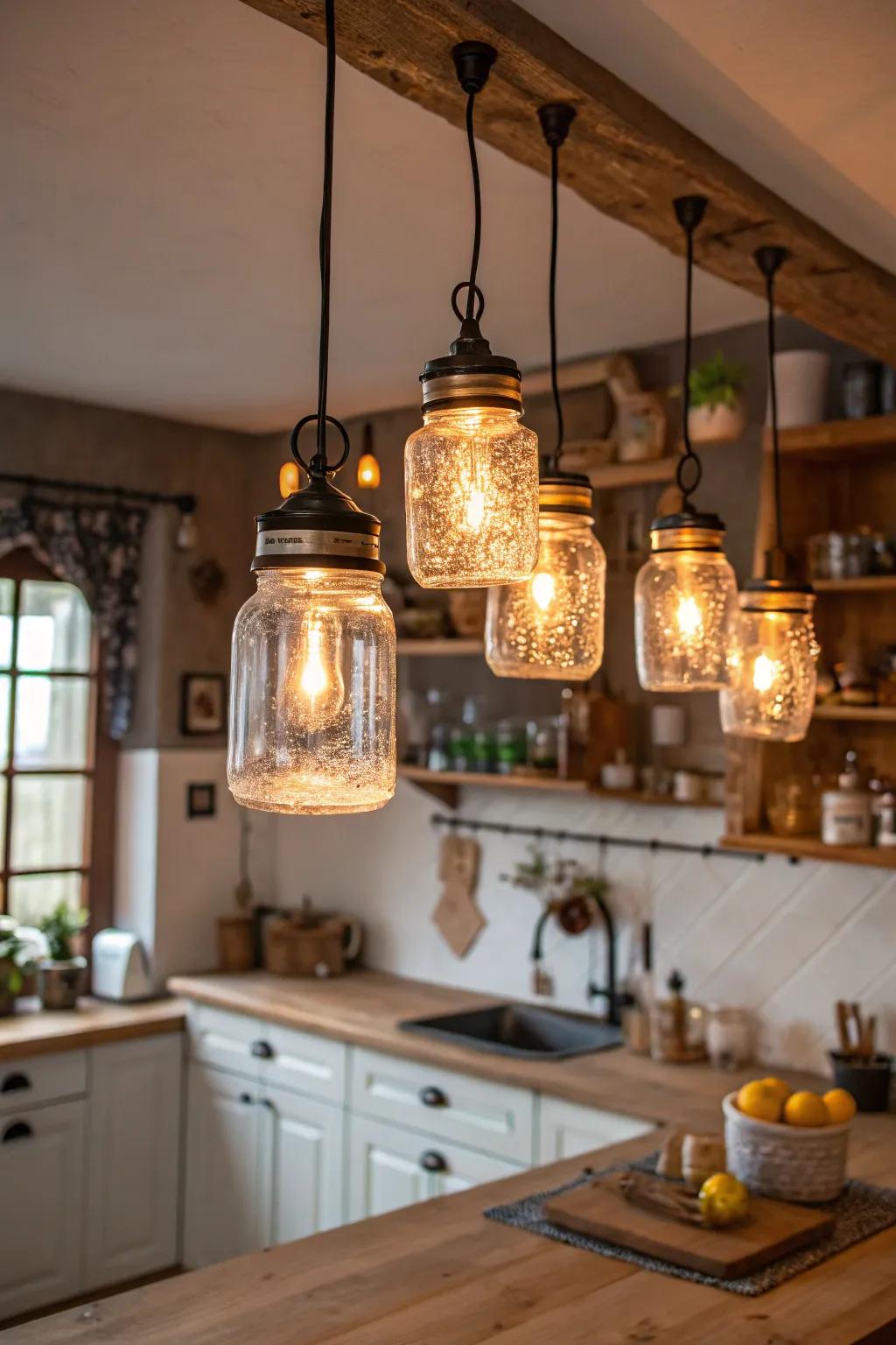 Charming mason jar lamps for a cozy glow.