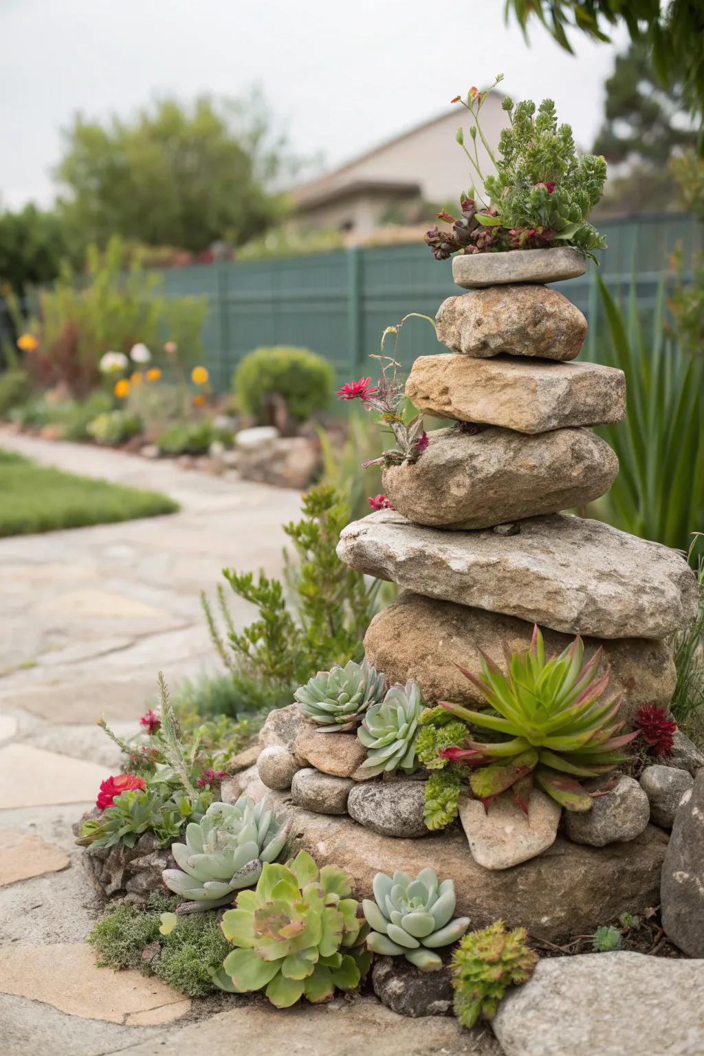 Create a dramatic display with stacked stone succulent planters.