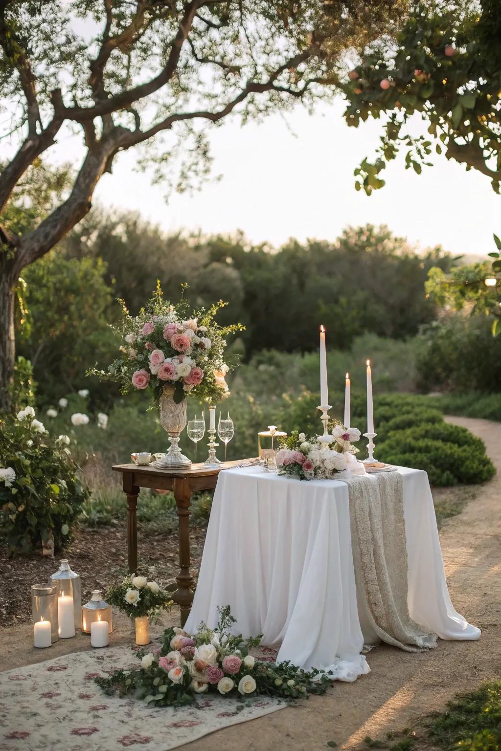 An outdoor garden setting enhances the charm of this unity candle table.
