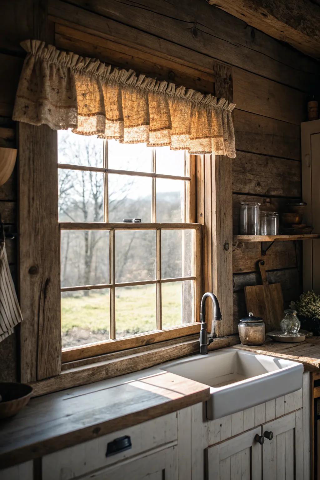 A window with a rustic wooden valance board in a farmhouse kitchen.