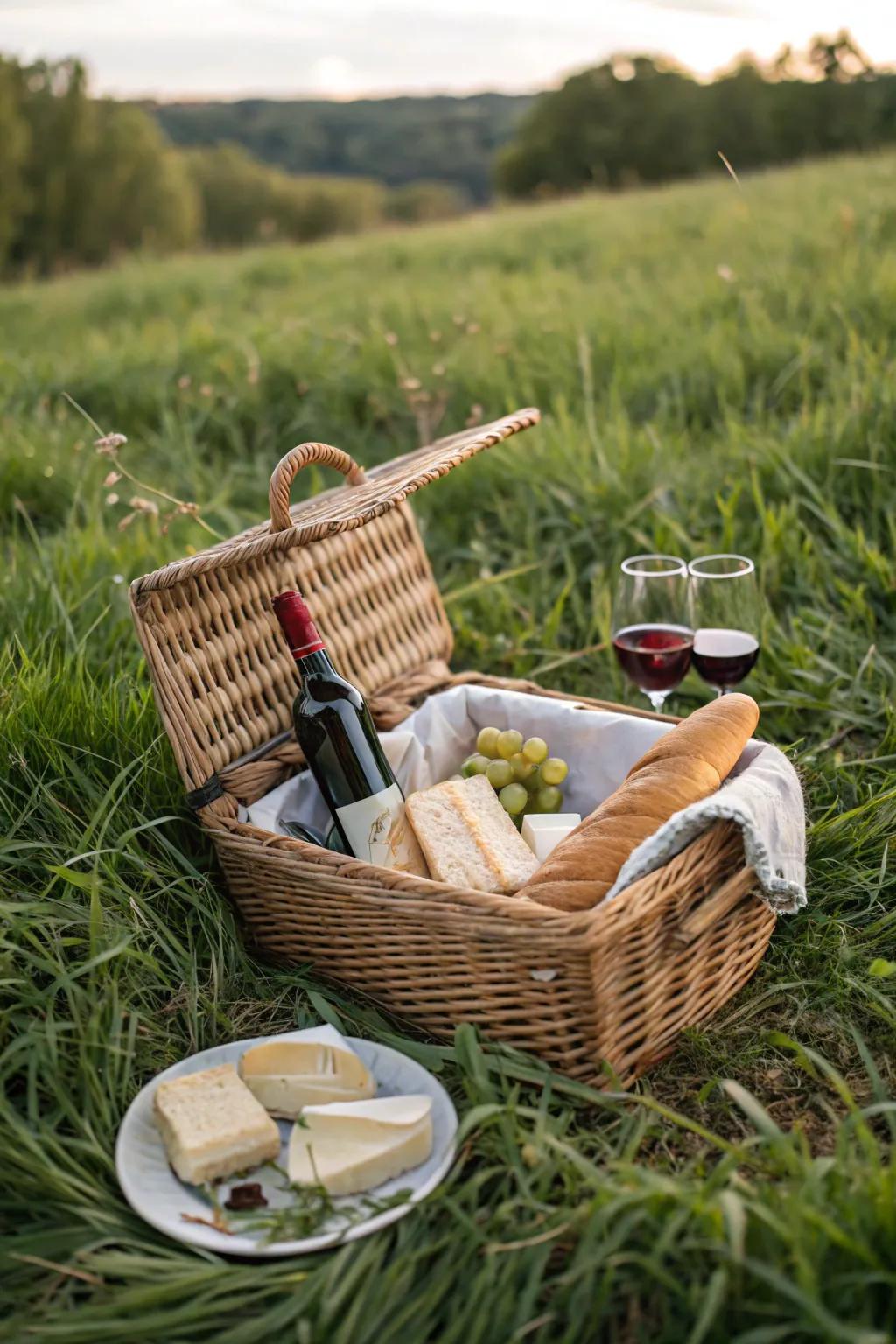 A romantic picnic basket ready for an outdoor adventure.