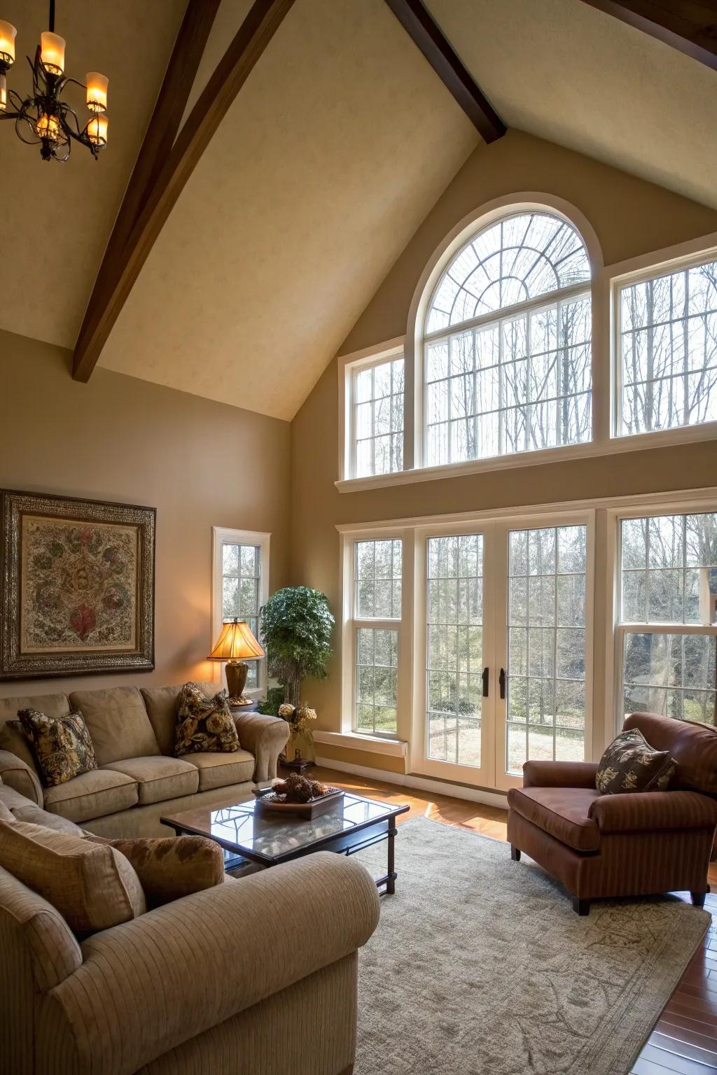 Living room with vaulted ceiling and large windows highlighting the accent wall