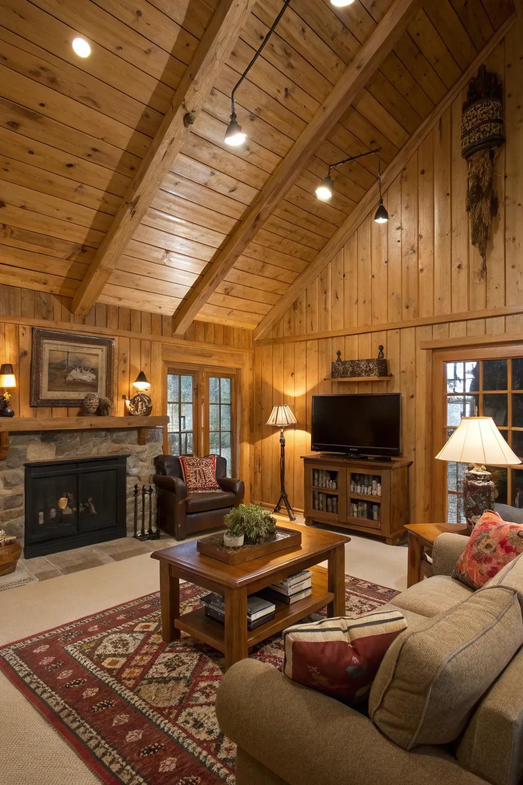 Wood paneling adds rustic charm and warmth.