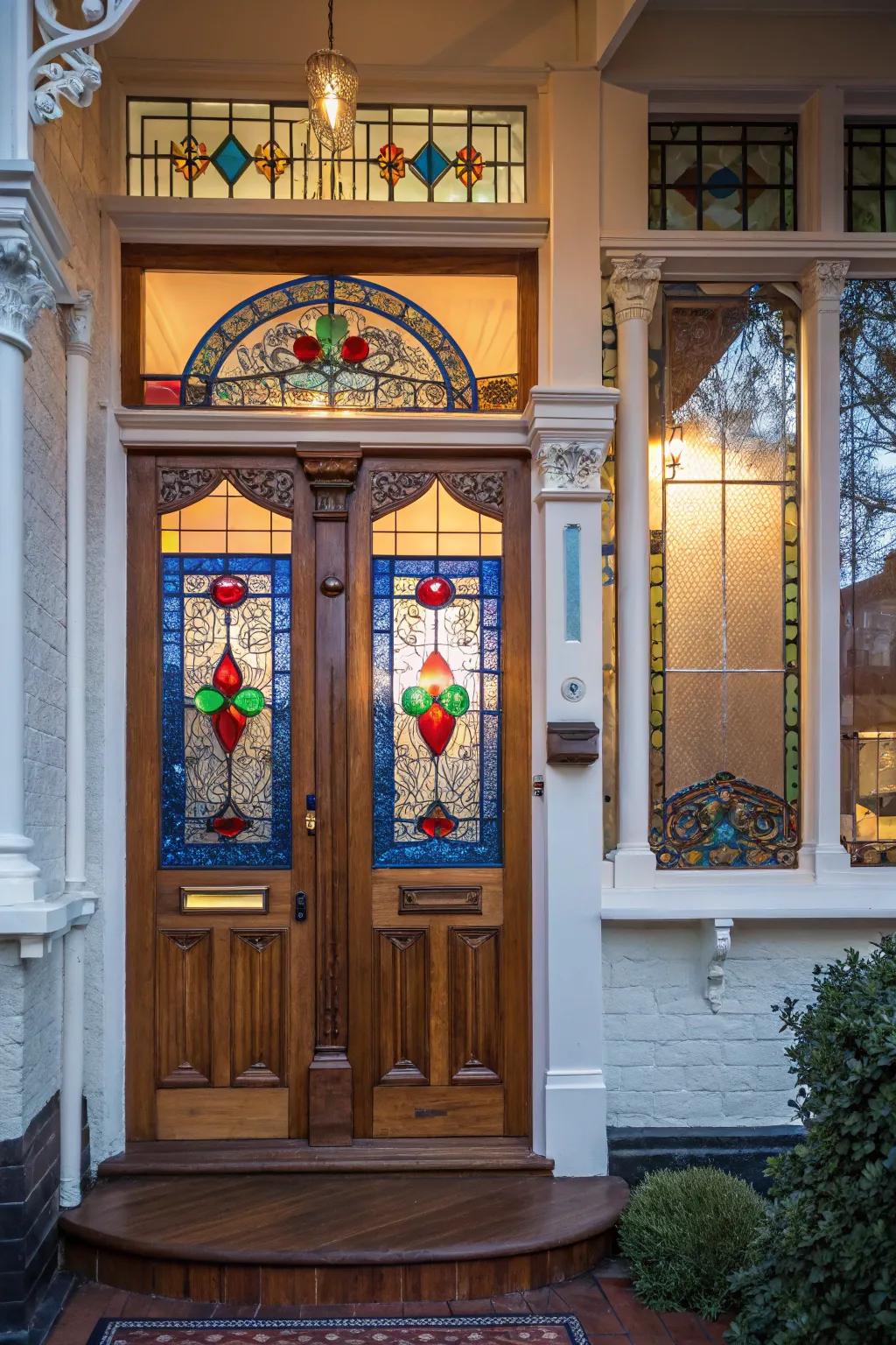 Stained glass inserts add color and light to this Victorian door.