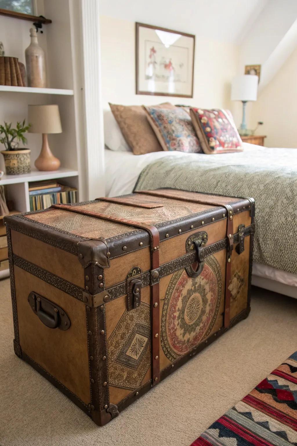 A vintage trunk serving as storage and decor in a cozy bedroom.