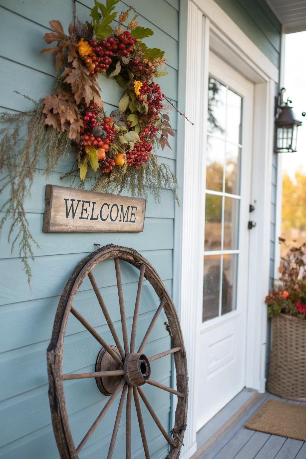 A wagon wheel doubles as a charming welcome sign with a wreath.