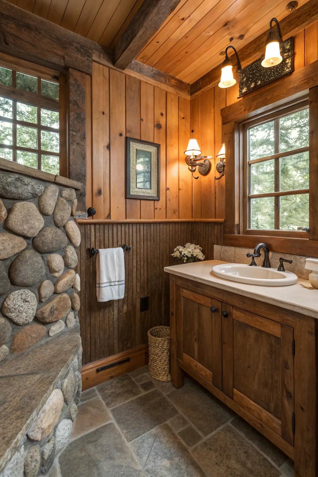 Wooden wainscoting transforms your bathroom into a rustic retreat.