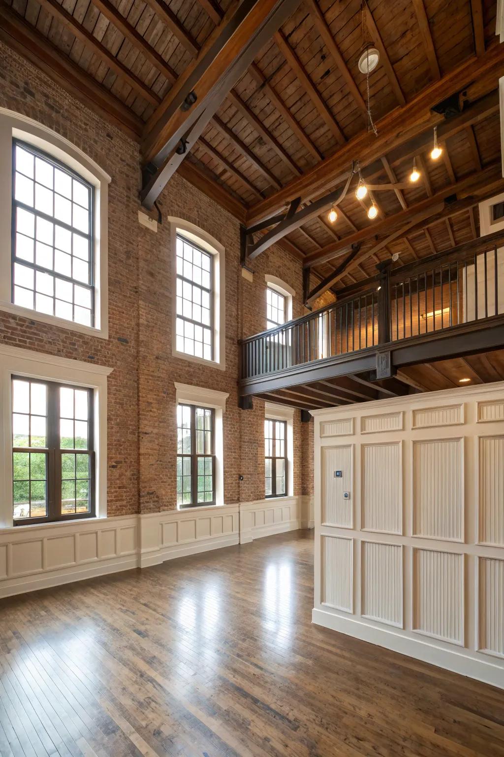 A loft space with tall, elegant wainscoting.