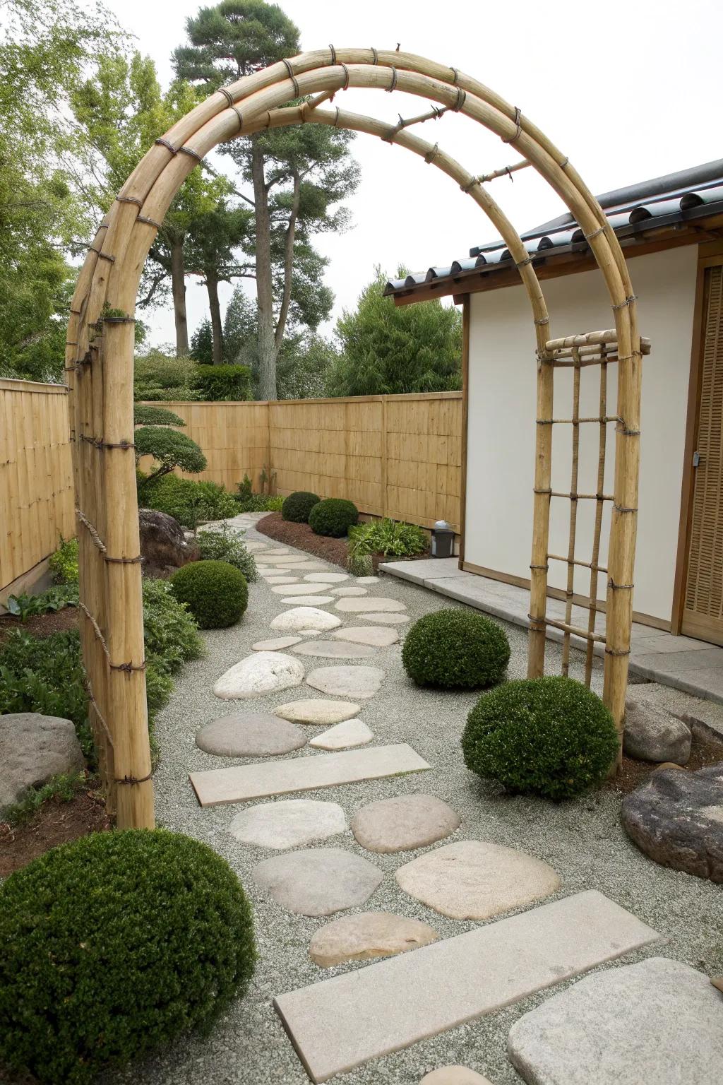 Bamboo arches add an exotic, zen-like quality to garden spaces.