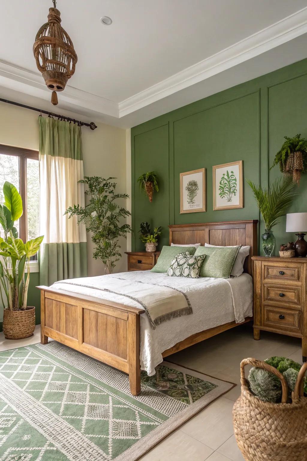 Serenity and calm with green walls and cream trim.