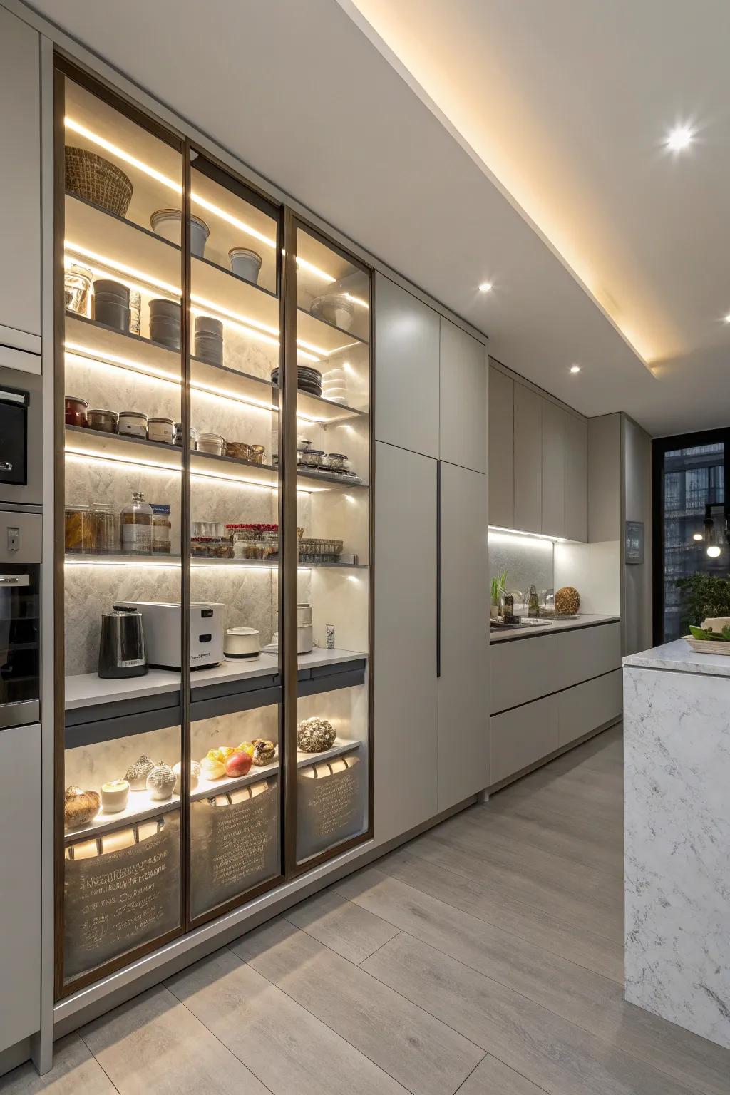 Integrated lighting creating a modern pantry ambiance.