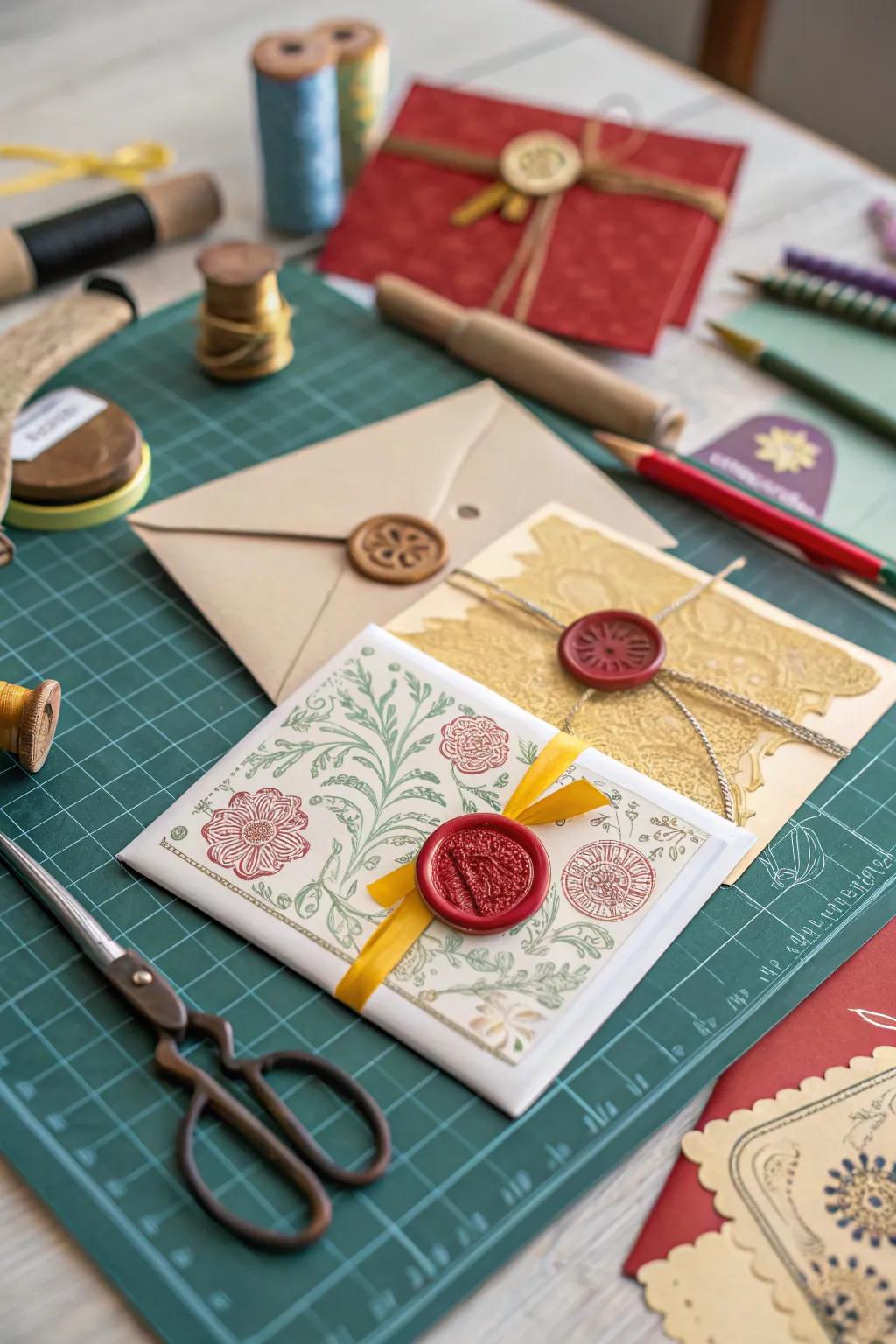 Handmade cards featuring wax seals, offering a touch of elegance to your heartfelt creations.