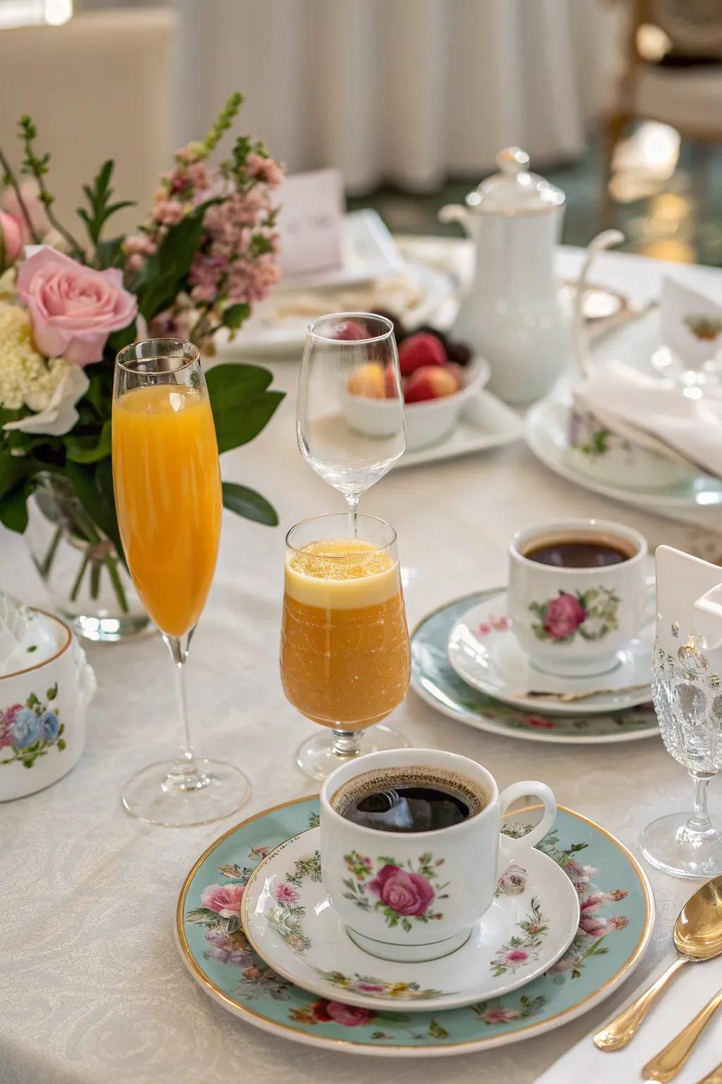 A refreshing array of beverages beautifully presented for a wedding breakfast.