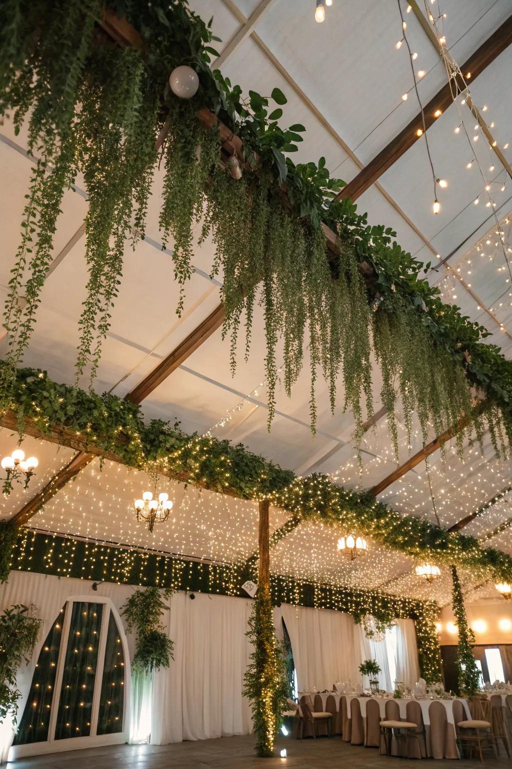 A wedding venue ceiling beautifully decorated with hanging greenery and lights, creating an immersive atmosphere.