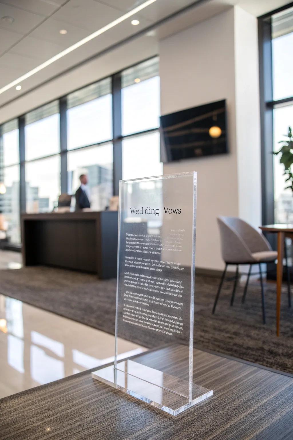 Sleek acrylic vow display adding a modern touch to an office.