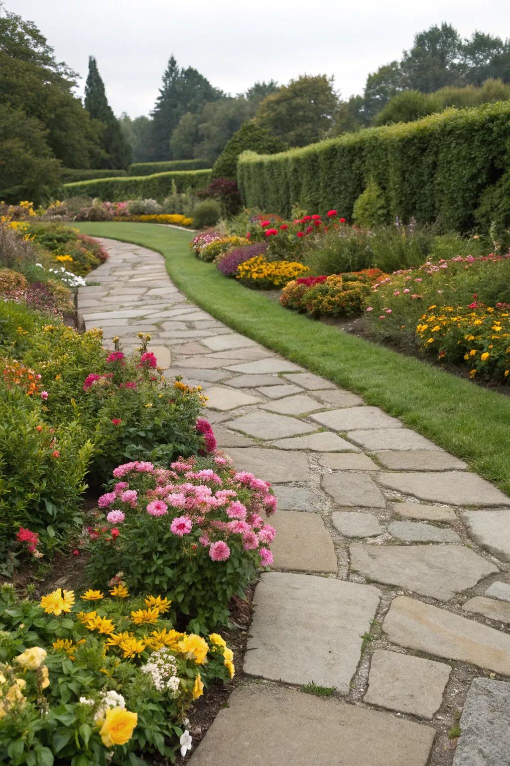 Garden borders bring color and definition to a flagstone path.