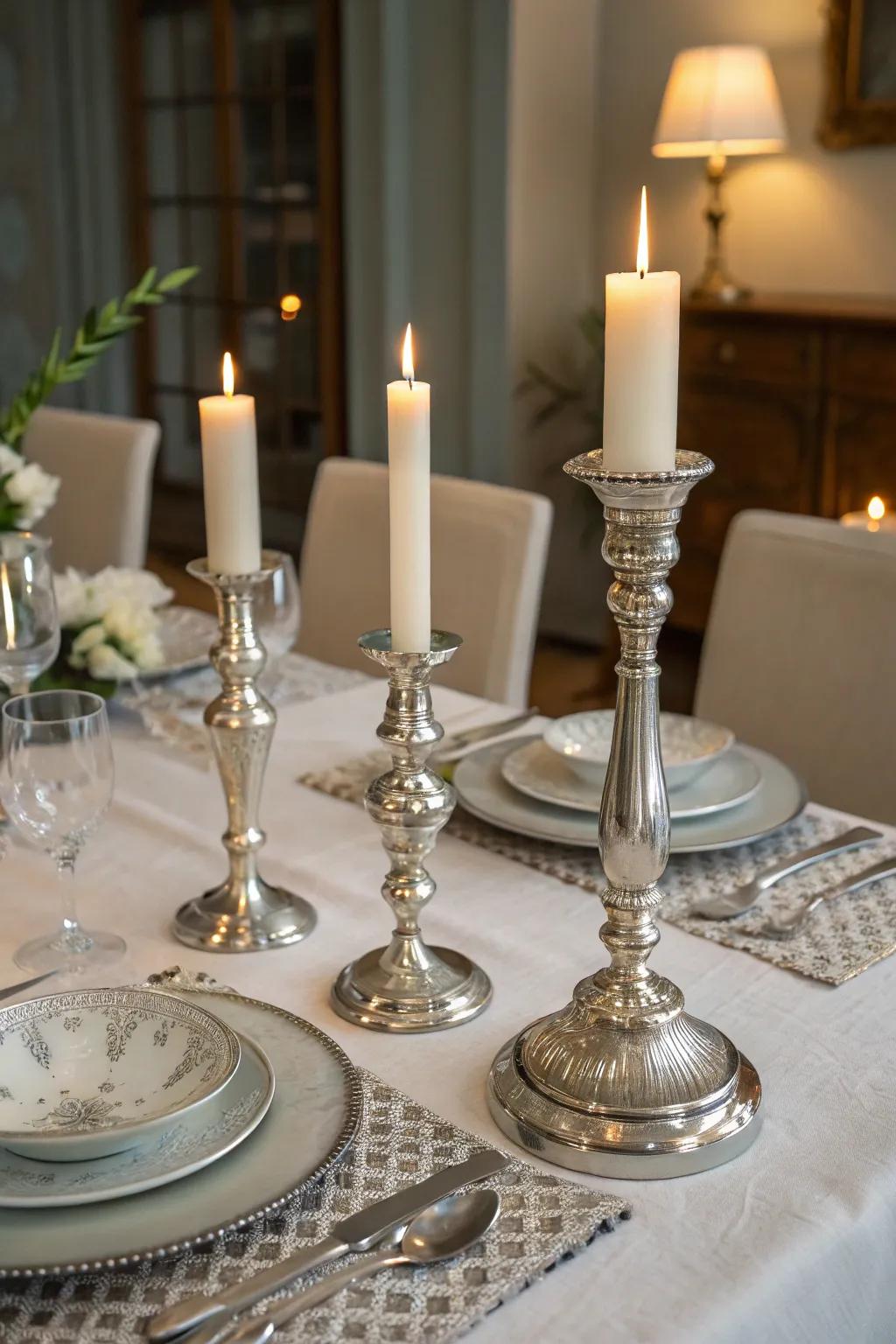 Create a warm ambiance with silver candleholders and white candles.