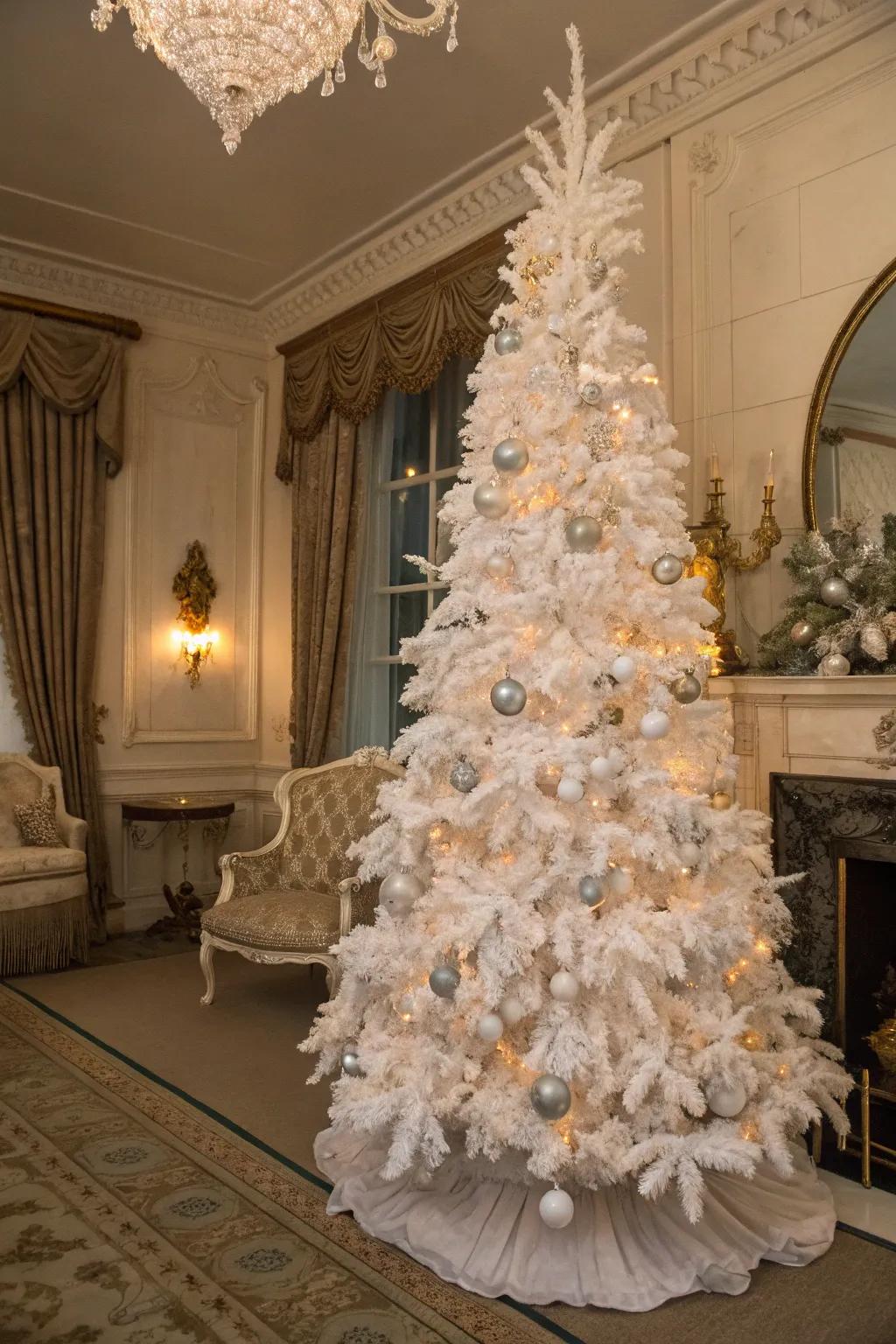 Vintage glamour with pearls and lace on a white Christmas tree.